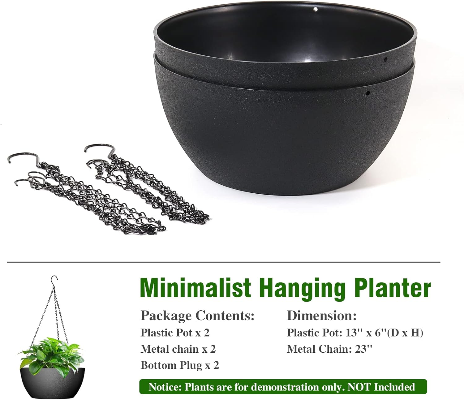 WOUSIWER 13 inch 2Pack Large Hanging Planters for Outdoor Indoor Plants with Drainage Holes and Chain, Round Hanging Flower Pots for Garden Home Porch Decor, Black