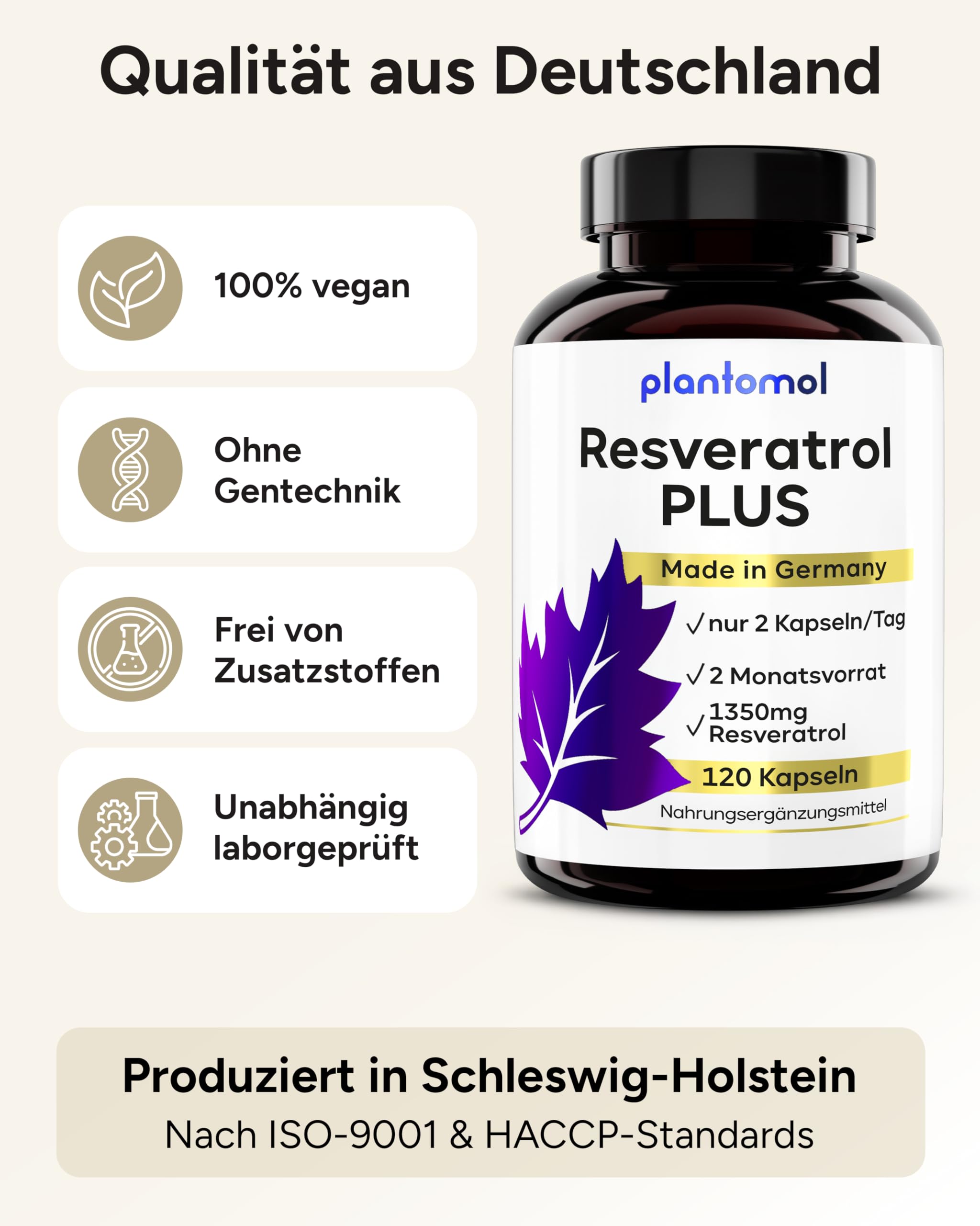 Trans Resveratrol Kapseln 1350mg – 120x Resveratrol Hochdosiert – 100:1 Trans-Resveratrol PLUS aus japanischem Knöterich – 2 Monatsvorrat – Made in Germany