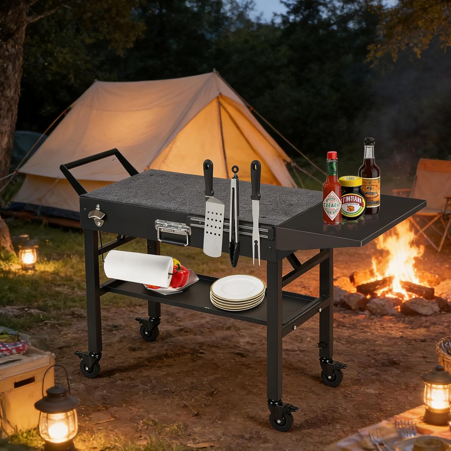 Grill Table & Cart for Blackstone Griddle, Portable Foldable Outdoor Griddle Stand with Wheels & Caddy, Fit 17 inch and 22 inch Tabletop Grill, BBQ Prep Table with Seasoning Tray for Camping