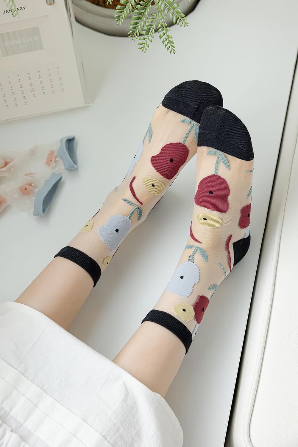 Sheer Socks for Women, Summer Transparent Flower Ankle High, Thin Mesh Lace Elastic Jacquard Glass Silk