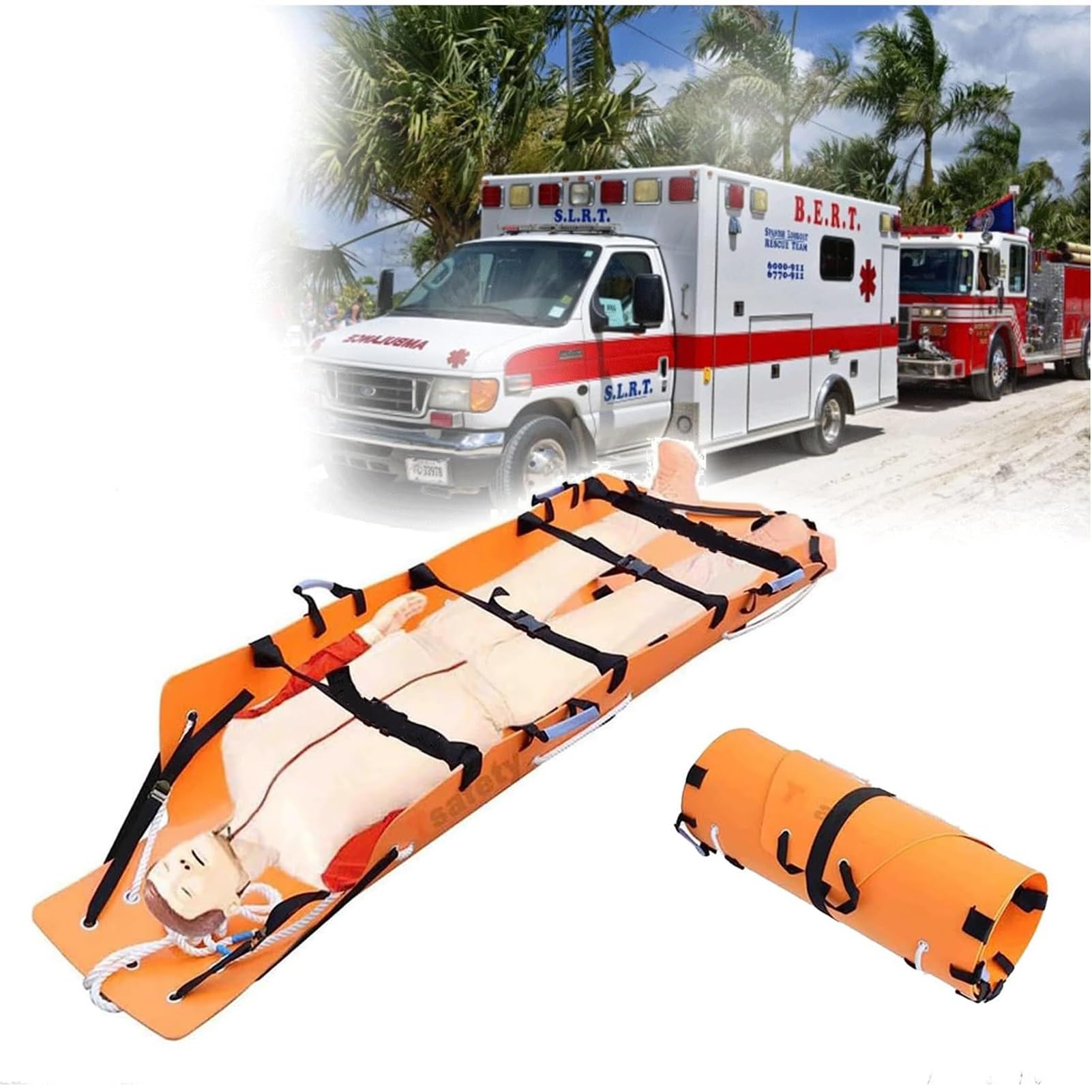SGKOMN Portable Foldable Material Stretcher, Multifunctional Vertical Rescue Stretcher, Roll Type Foldable Stretcher, for Emergency Rescue, Ambulance, Fire Rescue, Orange