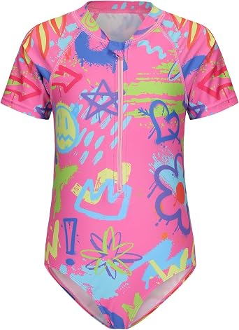 Girls One Piece Rash Guard Swimsuits for Kids Girls Short Sleeve Bathing Suits with Front Zipper Swimwear 3-16 Years