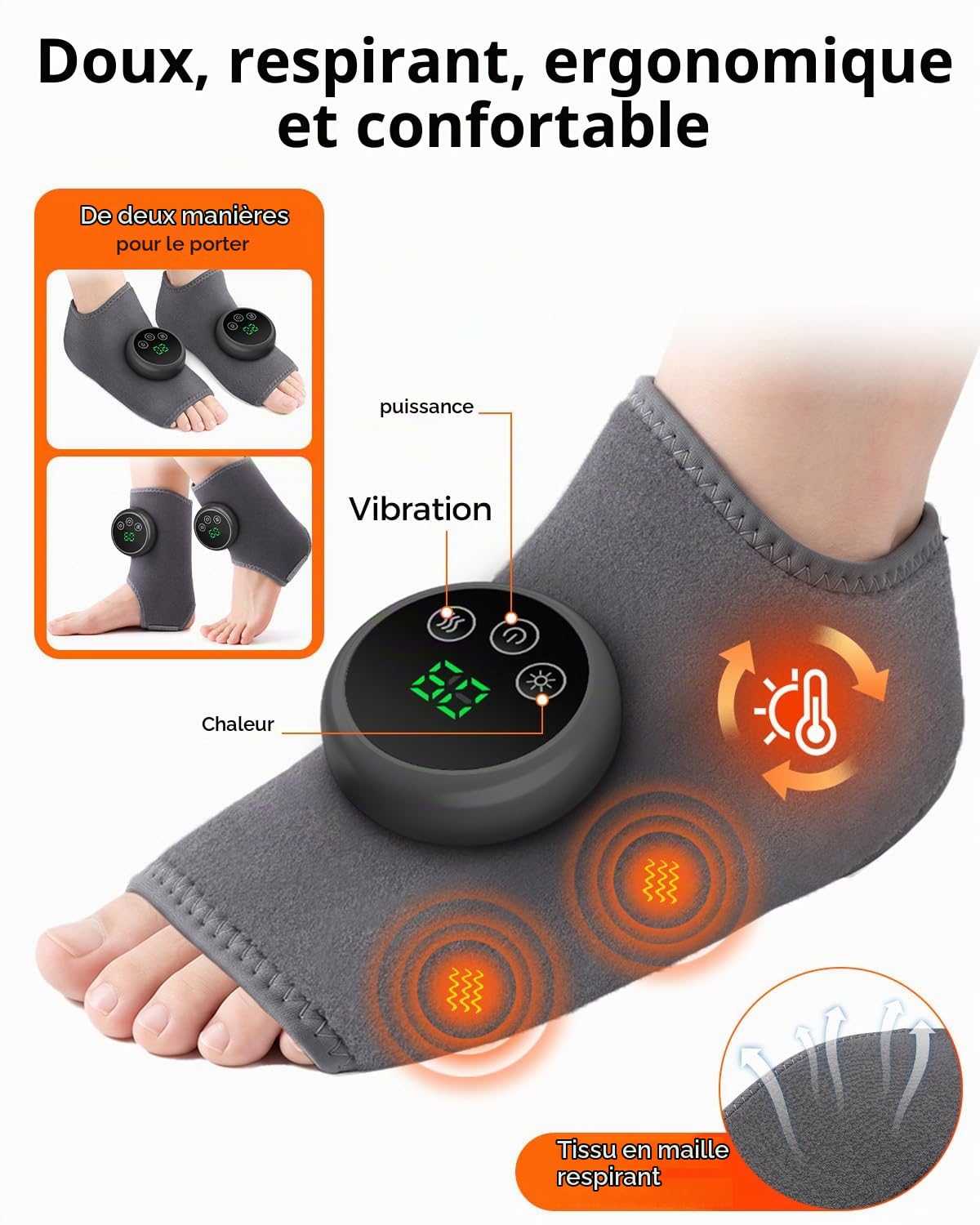 2 Pcs Masseur Pied, 3 en 1 Masseur de Pieds Électrique Sans Fil avec 5 Niveaux de Chauffage et 3 Niveaux D'intensité de Massage, Recharge par USB-C, Convient pour Chevilles,Talons,Plante,Cou-de-pied