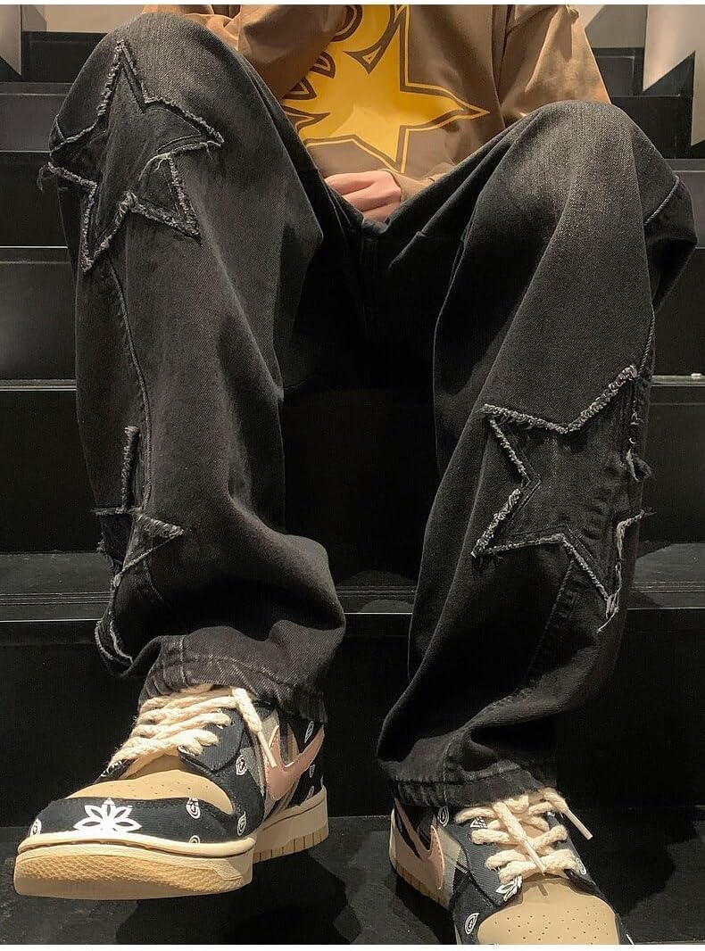 Y2K Vintage Men Korean Blue Streetwear Oversize Star Aesthetic Straight Trousers Wide Leg Jeans Grunge Denim Pants - Image 5