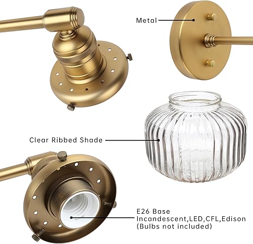 Miniatura 6 de 2 luces de pared industriales de vidrio, lámpara de pared de latón antiguo con pantalla de globo rayado transparente para tocador de baño,