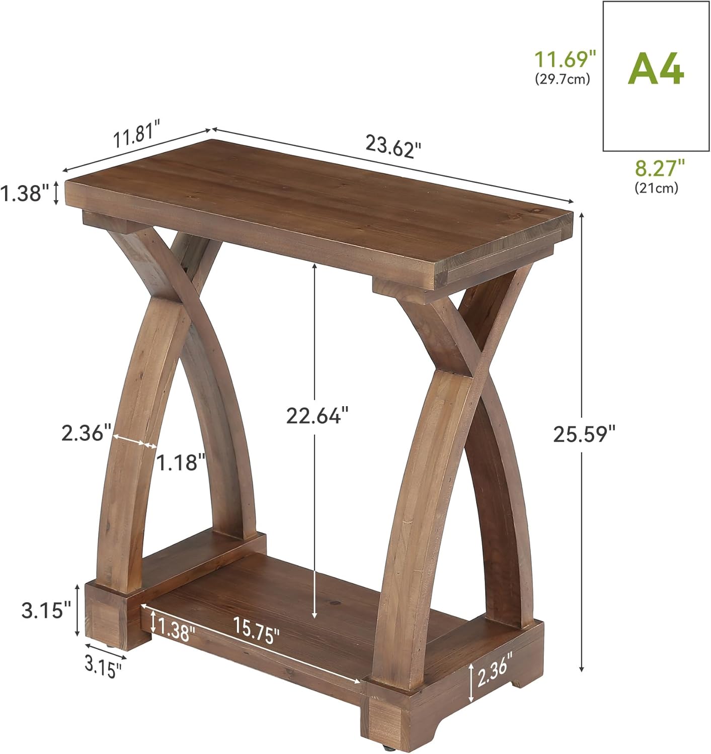 LITTLE TREE Solid Wood End Table, Small Side Table with Storage Shelf, 2-Tier Narrow End Table for Living Room, Bedroom, Small Spaces