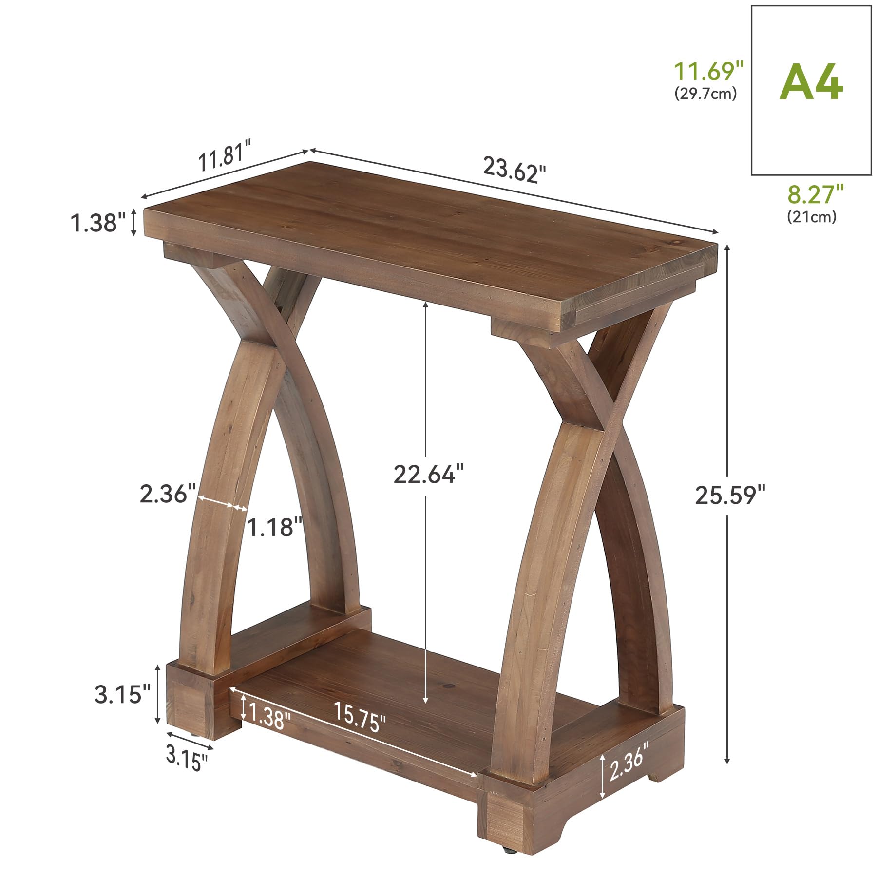 Mesita de Salón de Madera Maciza, Mesa Auxiliar de 2 Niveles con Estante de Almacenamiento, Mesita de Noche Delgada de Madera para Sofá, Sala de Estar, Dormitorio, Espacio Pequeño