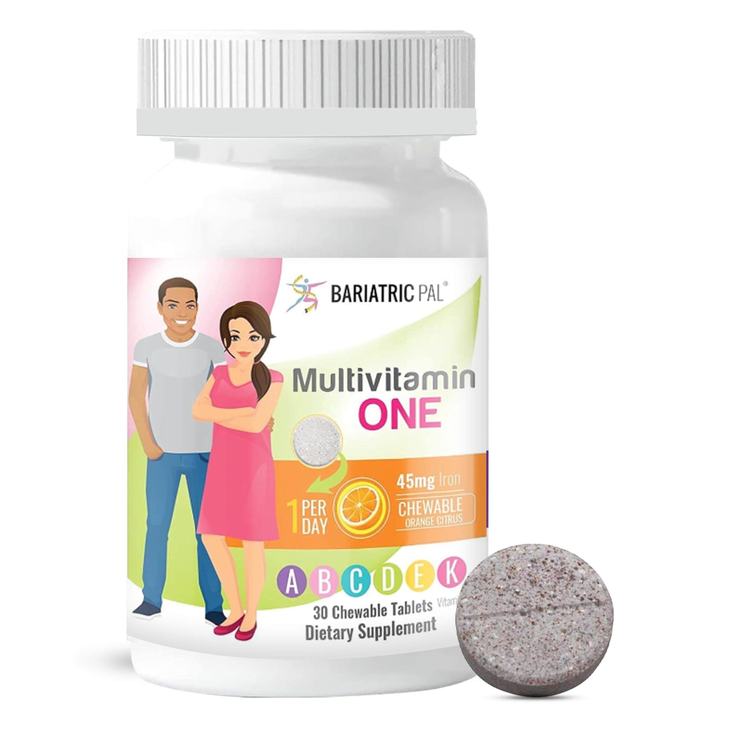 BariatricPal Multivitamin ONE 1 per Day! Bariatric Multivitamin Chewable with 45mg Iron - Orange Citrus (30 Count)