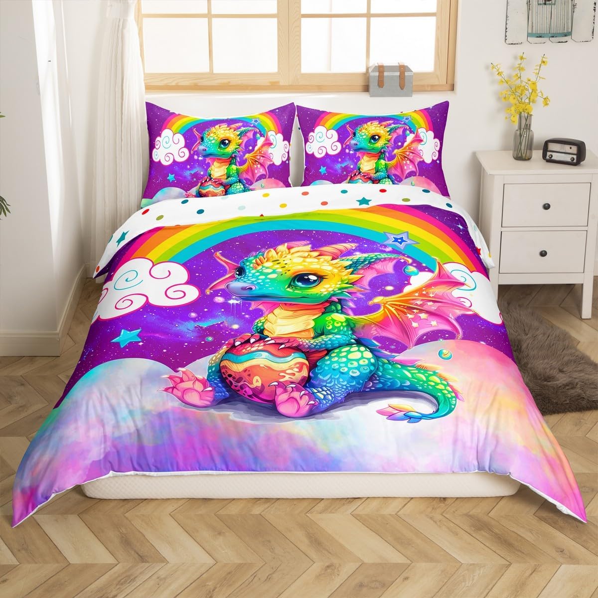 Feelyou Cute Dragon Bedding Set Twin Size Kids Dragon Rainbnow Print Comforter Cover Set for Girls Dragon Egg Pattern Duvet Cover Cloud Galaxy Purple Bedspread Cover Room Decor