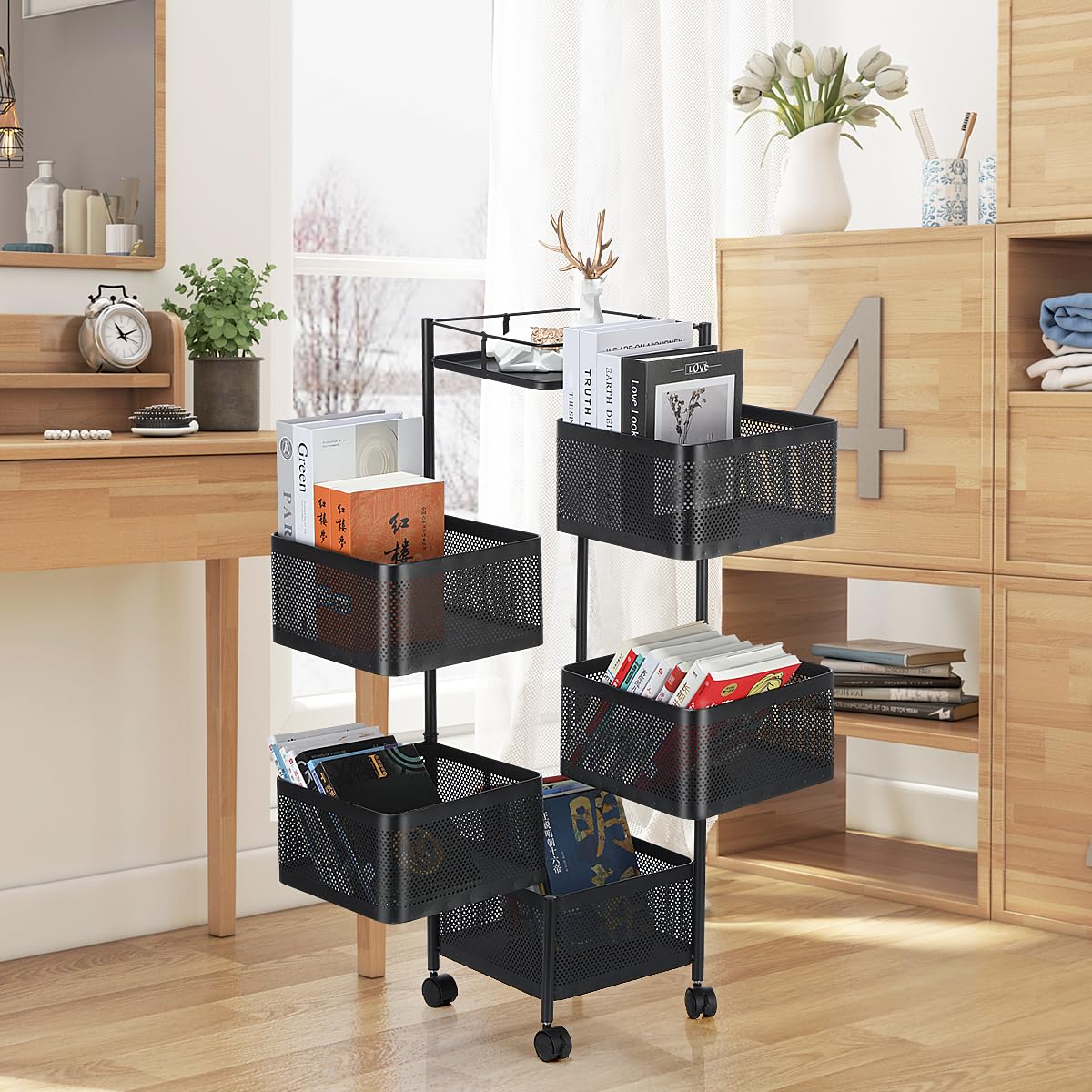 Gemüseregal Küchenwagen Universall multifunktionales Regal Küchen rollwagen Obstkorb Aufbewahrungsbehälter Obstwagen mit Rollen Küchenregal Organizer für Küche, Badezimmer und Büro Schwarz 5 Fächer