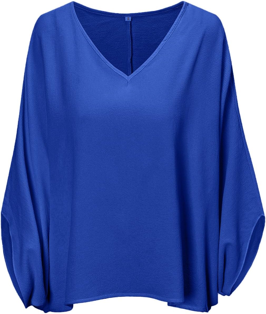 Vrtige Women's Casual V Neck Batwing Long Sleeve Blouse Shirt Tunic Tops Solid Royal Blue Small - Image 5