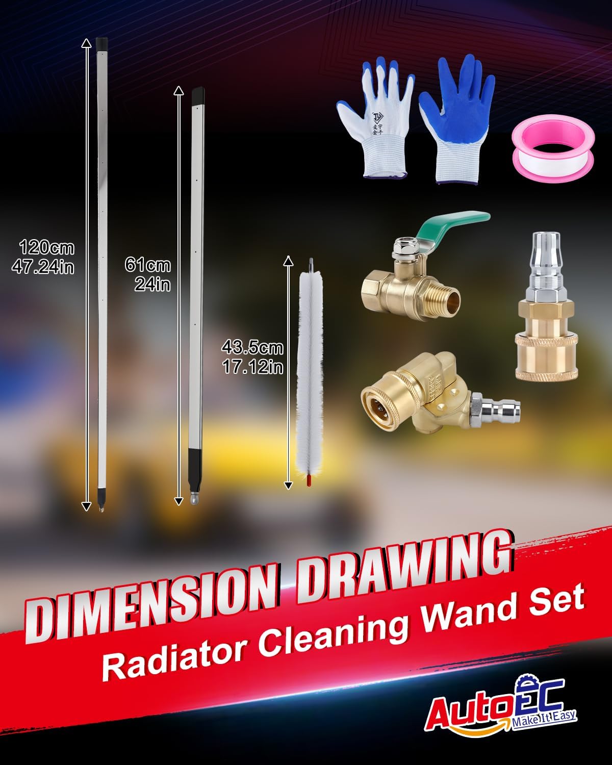 AutoEC 4500 PSI Radiator Cleaning Wand Set, 47" & 24" Water Air Wands for Cars Trucks Heavy Equipment, Stainless Steel Radiator Cleaner Kit for Farm & Fleet Maintenance