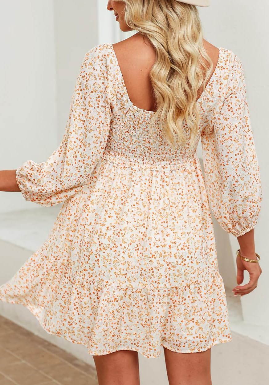 Gothden Women Casual Babydoll Dresses Boho Floral Square Neck Smocked 3/4 Sleeve A-Line Swing Mini Dress - Image 4