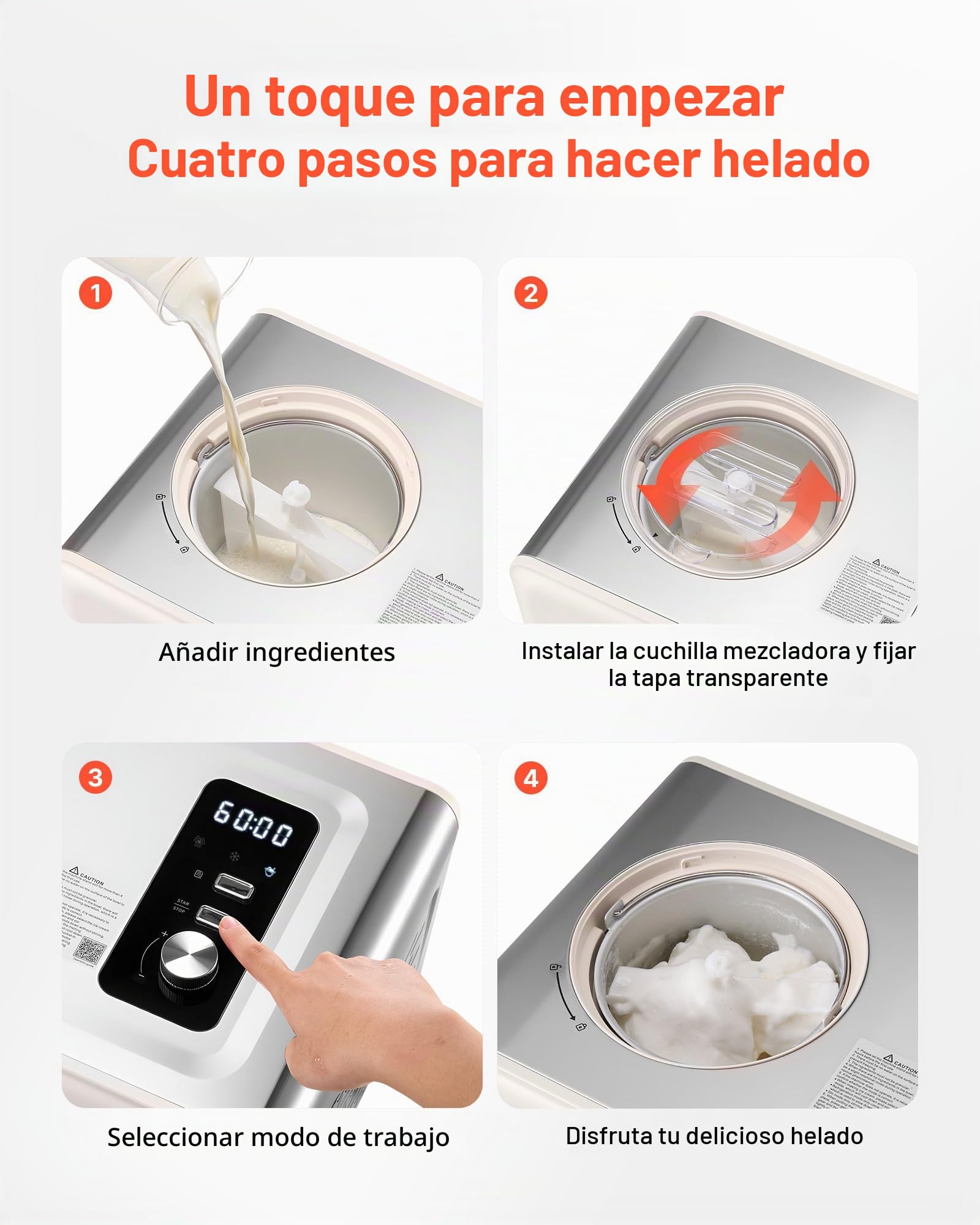 VEVOR Máquina Automática para Hacer Helados 2 L con Compresor Incorporado sin Precongelación Heladera Automática de 3 Modos 425 x 290 x 245 mm con Tapa Transparente para Cocina Doméstica, Blanco