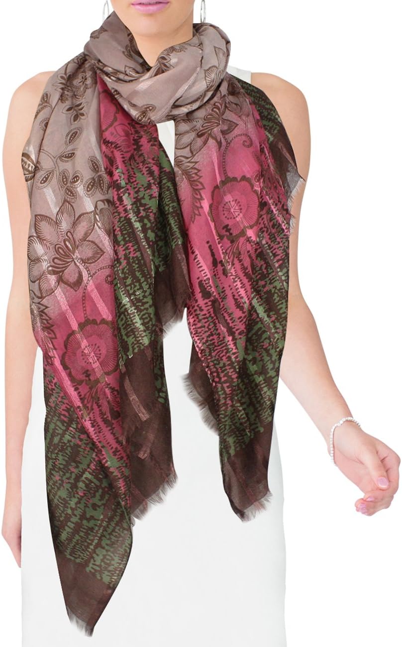 Floral Vine Striped with Three-Tone Ends Long Scarf Shawl Sarong