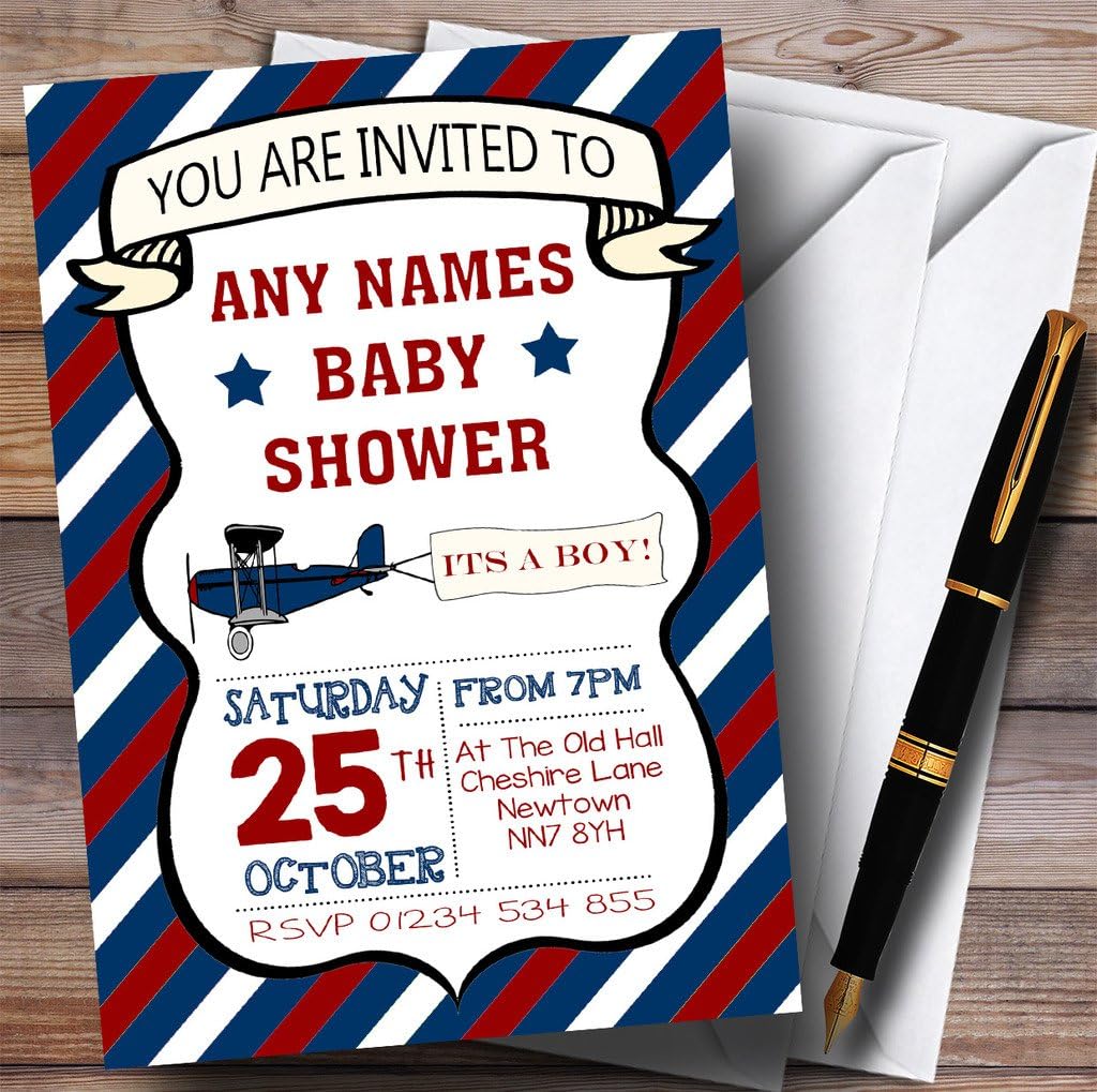 Blue & Red Vintage Plane Invitations Baby Shower Invitations