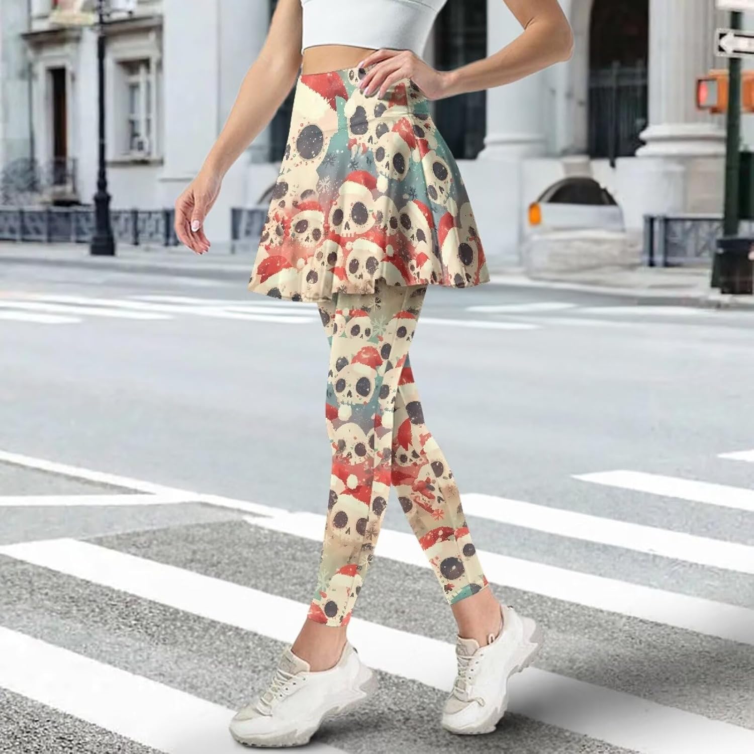 Skull Long Yoga Pants with Thigh Root Skirt, Butterfly Tennis Skirted Leggings, Feather High Waist Fall Skirts