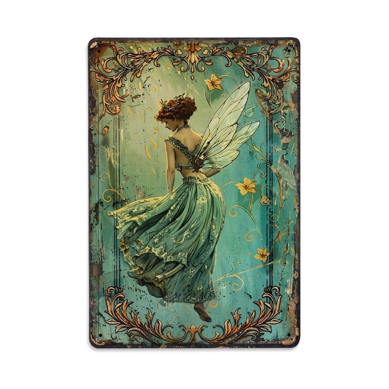 Jdfenggu Vintage Fairy Wings Floral Art Retro Metal Tin Sign, Decor Art Poster For Bar, Home, Man Cave, Kitchen, Laundry Room Gift 8X12inch