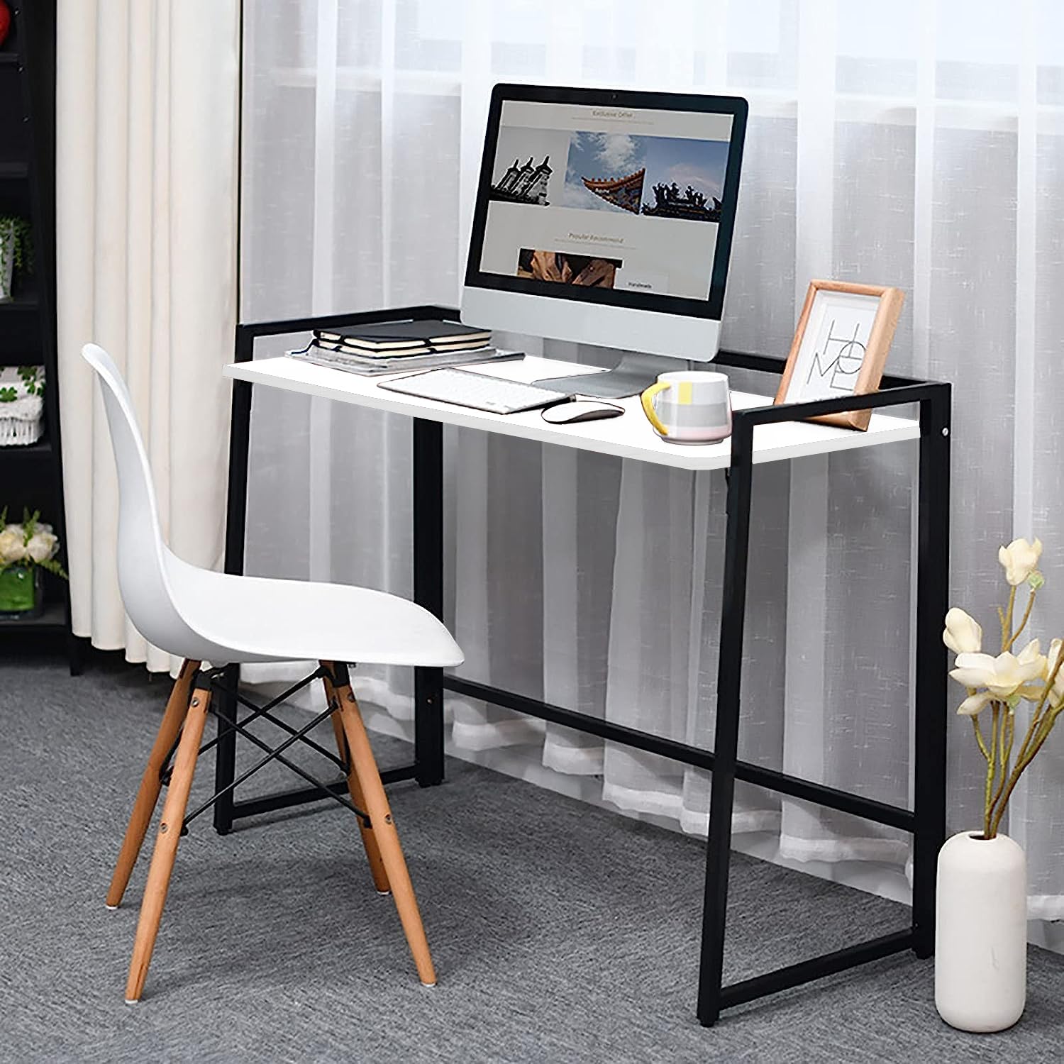 QARA Wood, Steel Foldable and Portable, Study Table, Table for Home & Office | Folding Study Table, PC Table Folding, Foldable Computer Desk (Snow White)