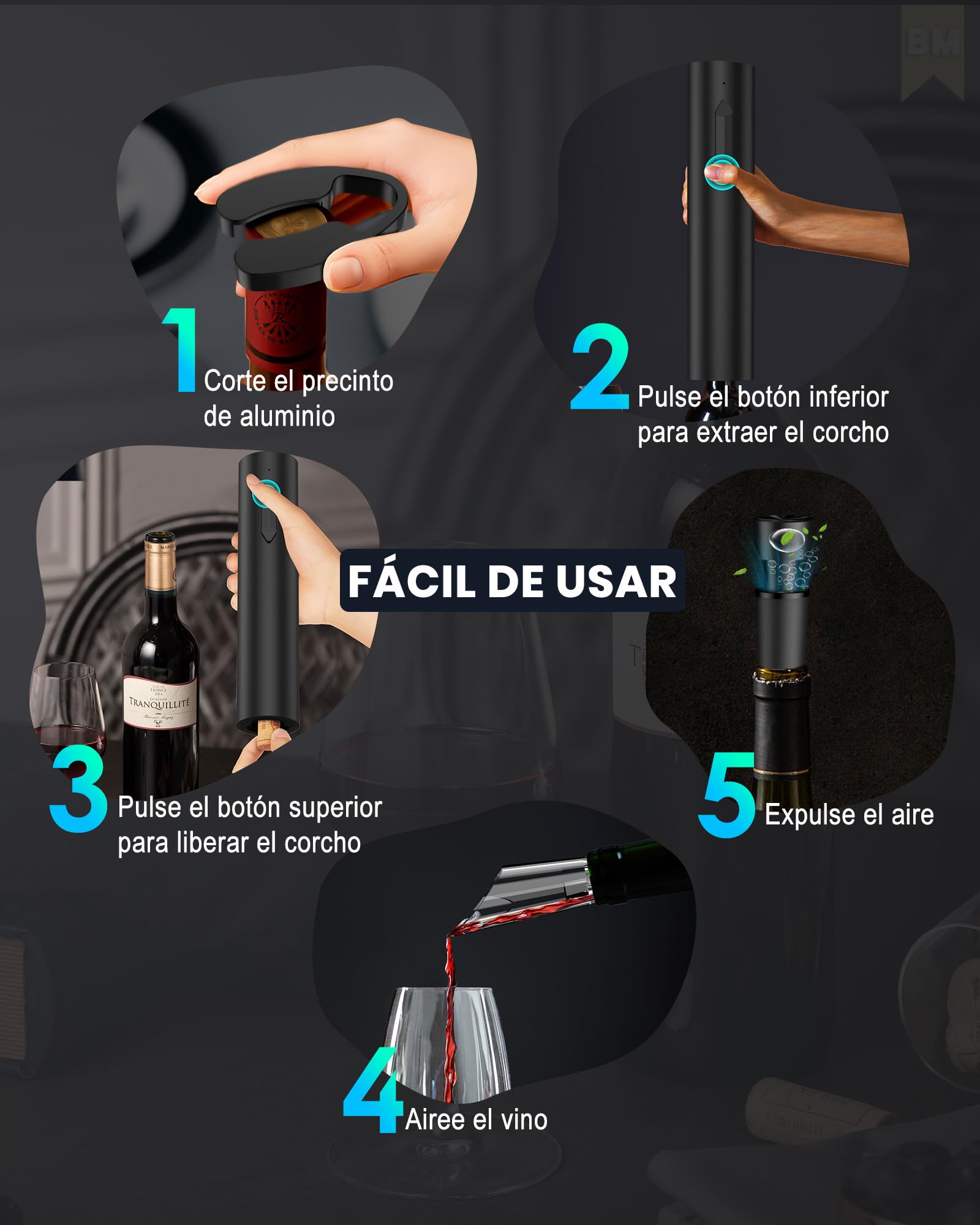Sacacorchos eléctrico recargable, abridor de vino electrico saca rolhas regalos para hombre mujere abrebotellas con vertedor aireador, 2 tapón de vino al vacío, cortador láminas y cable USB