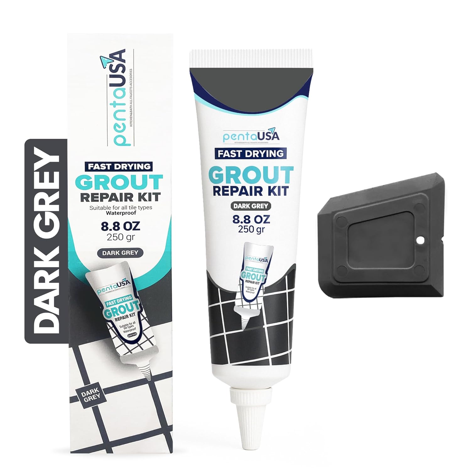 PentaUSA Dark Grey Tile Grout Repair Kit - Premixed Filler, Fast Drying, Triple Protection, Restores Lines with Spatula (8.8oz)