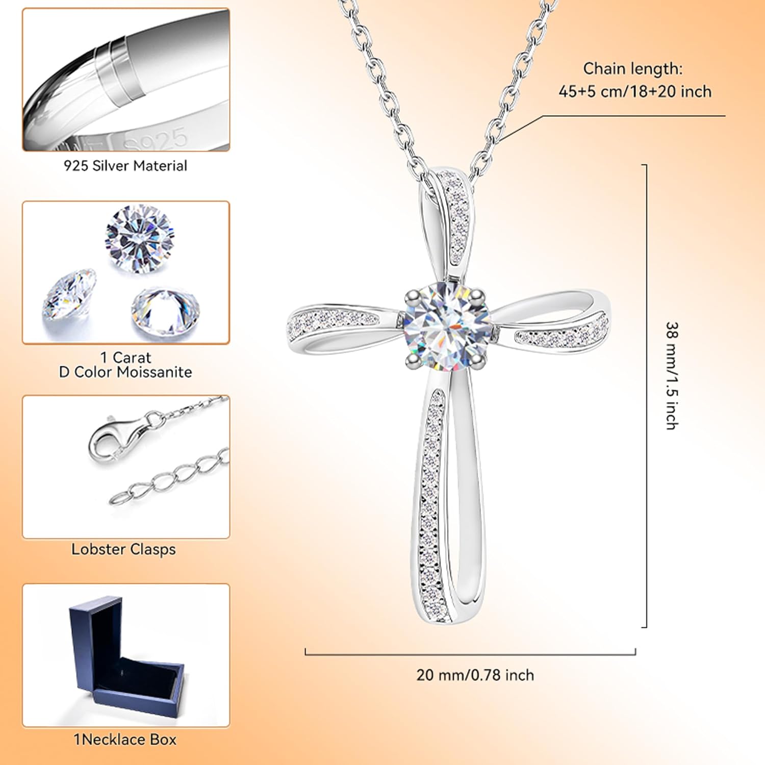 Moissanite Diamond Cross Necklace for Women, Lab Diamond Crucifix Pendant S925 Sterling Silver, Infinity Cross Jewelry Birthday Gift for Lady Mom Wife