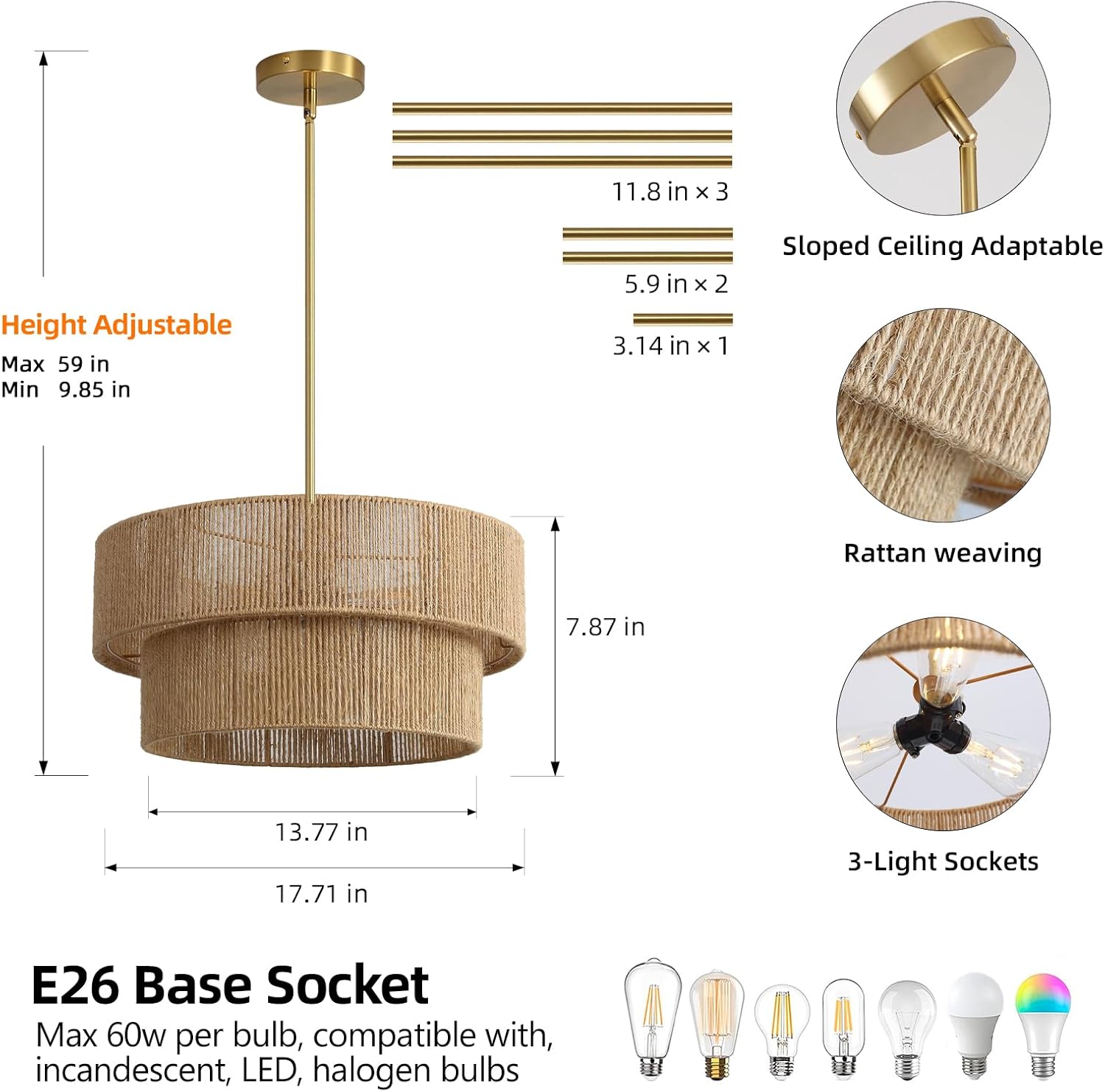 18'' Boho Rattan Chandelier Hand Woven Chandelier Light Fixture 3-Light Farmhouse Drum Pendant Light for Dining Room Bedroom Kitchen Hallway Foyer