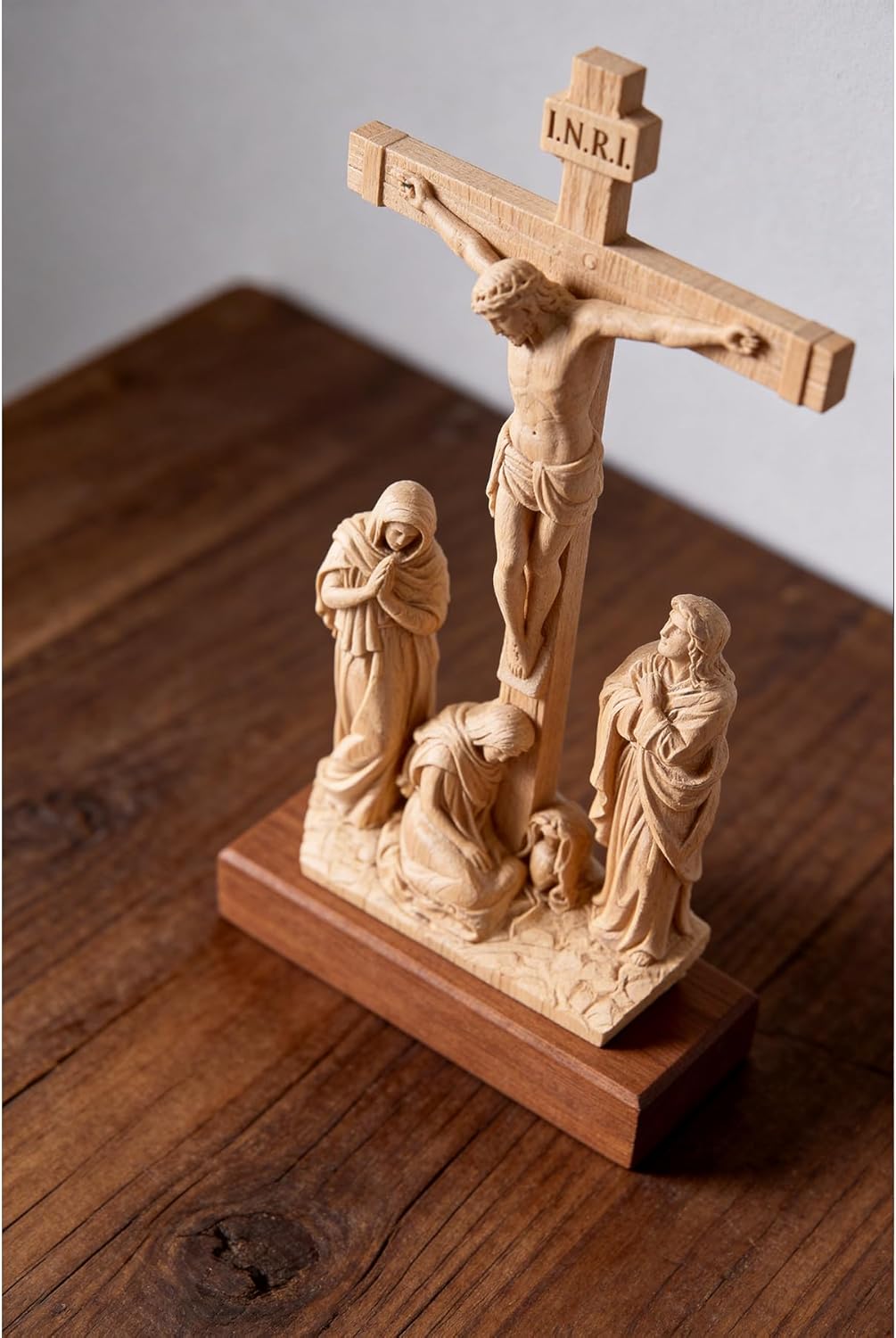ASTARIKO Wooden Standing Crucifix with Dark Wooden Base - 10.8" Hand-Carved Catholic Table Jesus Cross, Altar Calvary Scene, Religious Home Decor & Gifts (Natural)