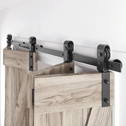 Roymelo 64" Bifold Sliding Barn Door Hardware Track Kit,Side Mounted Black J Shape Roller,Smoothly and Quietly,Assembly Easy,Fit Four 15" Bi-Folding Doors (Door Not Included)
