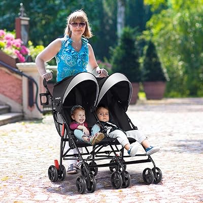 HOMGX Double Stroller, Light-Weight Travel Foldable Design, Twin Umbrella Stroller with 5-Point Harness and Cup Holder, Sun Canopy for Baby, Toddlers (Black), 18 pounds