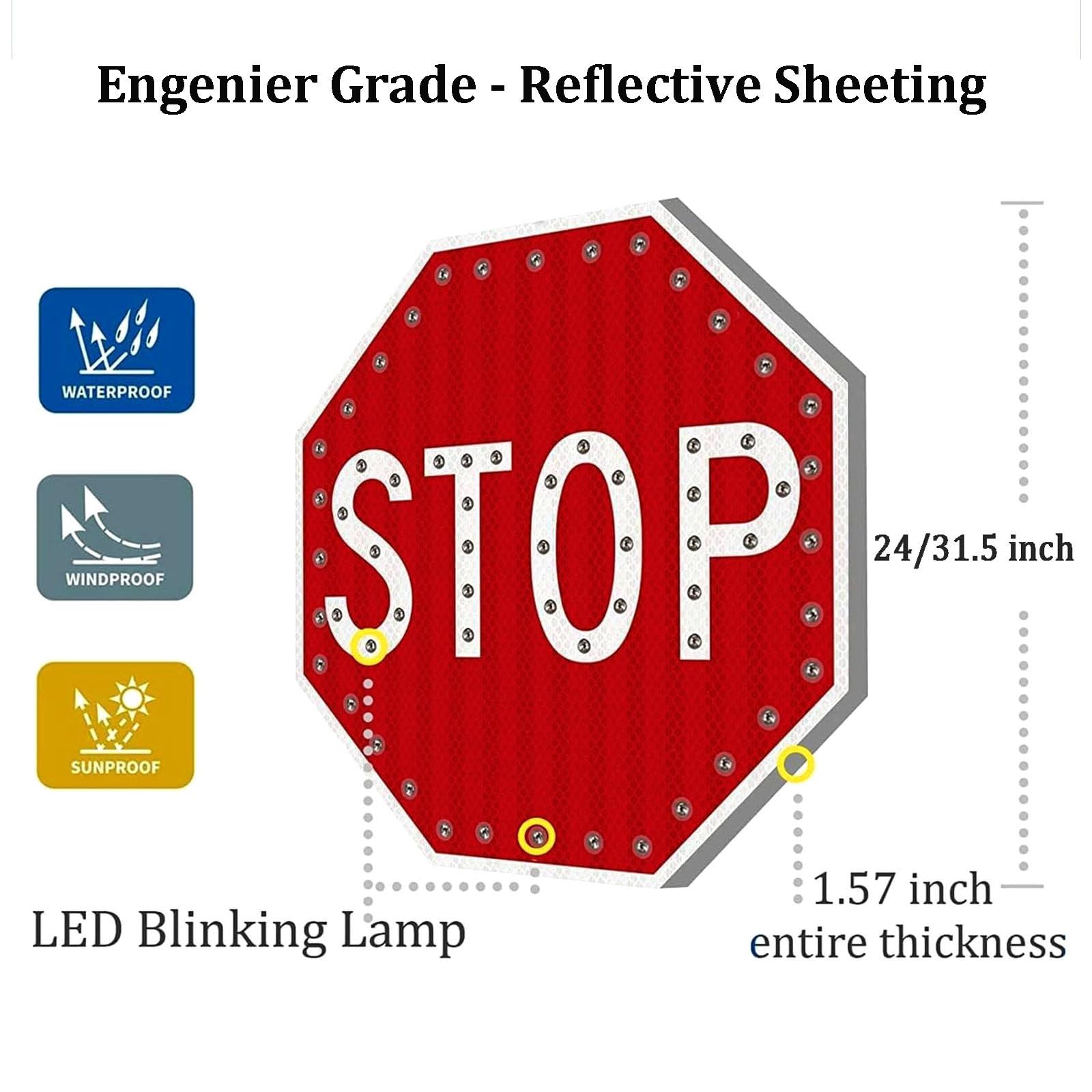 Señal de Stop con Energía Solar y LED Parpadeantes - Luz de Advertencia 24/7, Señal Exterior de 60×60cm, Sensor Automático de Anochecer/Amanecer para Intersecciones y Campus