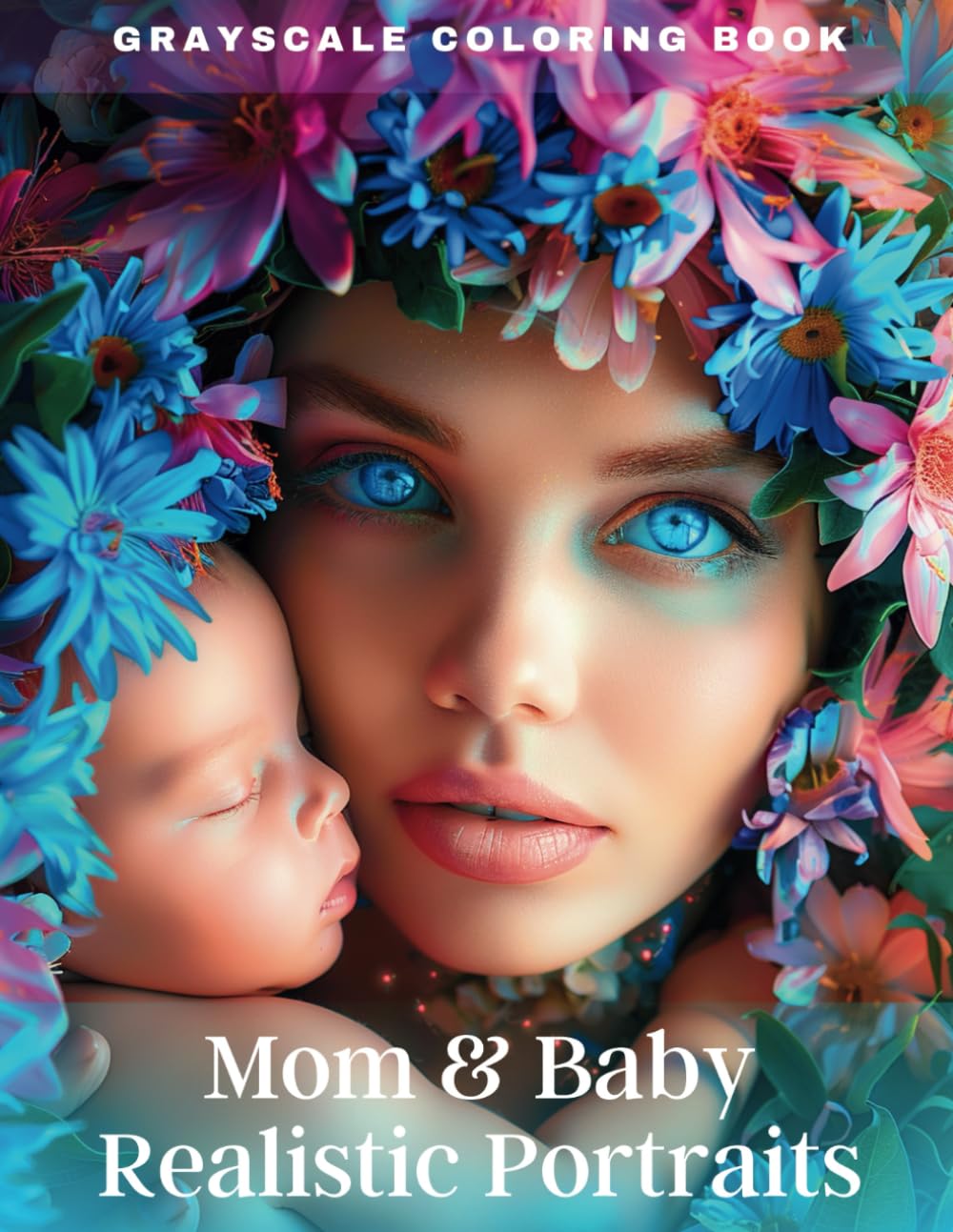 Mom & Baby Realistic Portraits Grayscale Coloring Book: Adorable Realistic Baby and Mom Portraits Grayscale Coloring Book for Adults and Teens, Beautiful floral elements, Relaxing Coloring Pages,