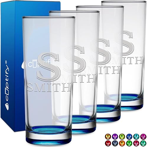 Miniatura 8 de Highball personalizado de 10.5 onzas con parte inferior azul Lite, vaso Collins alto personalizado, cóctel de bebida mixta recta, inicial con nombre
