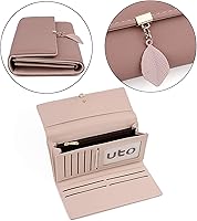 Vista 146 de UTO - Cartera pequeña RFID de piel sintética con dije de hoja, cierre de cremallera y tarjetero.