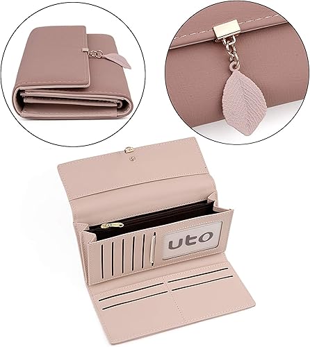 Miniatura 4 de UTO - Cartera pequeña RFID de piel sintética con dije de hoja, cierre de cremallera y tarjetero.