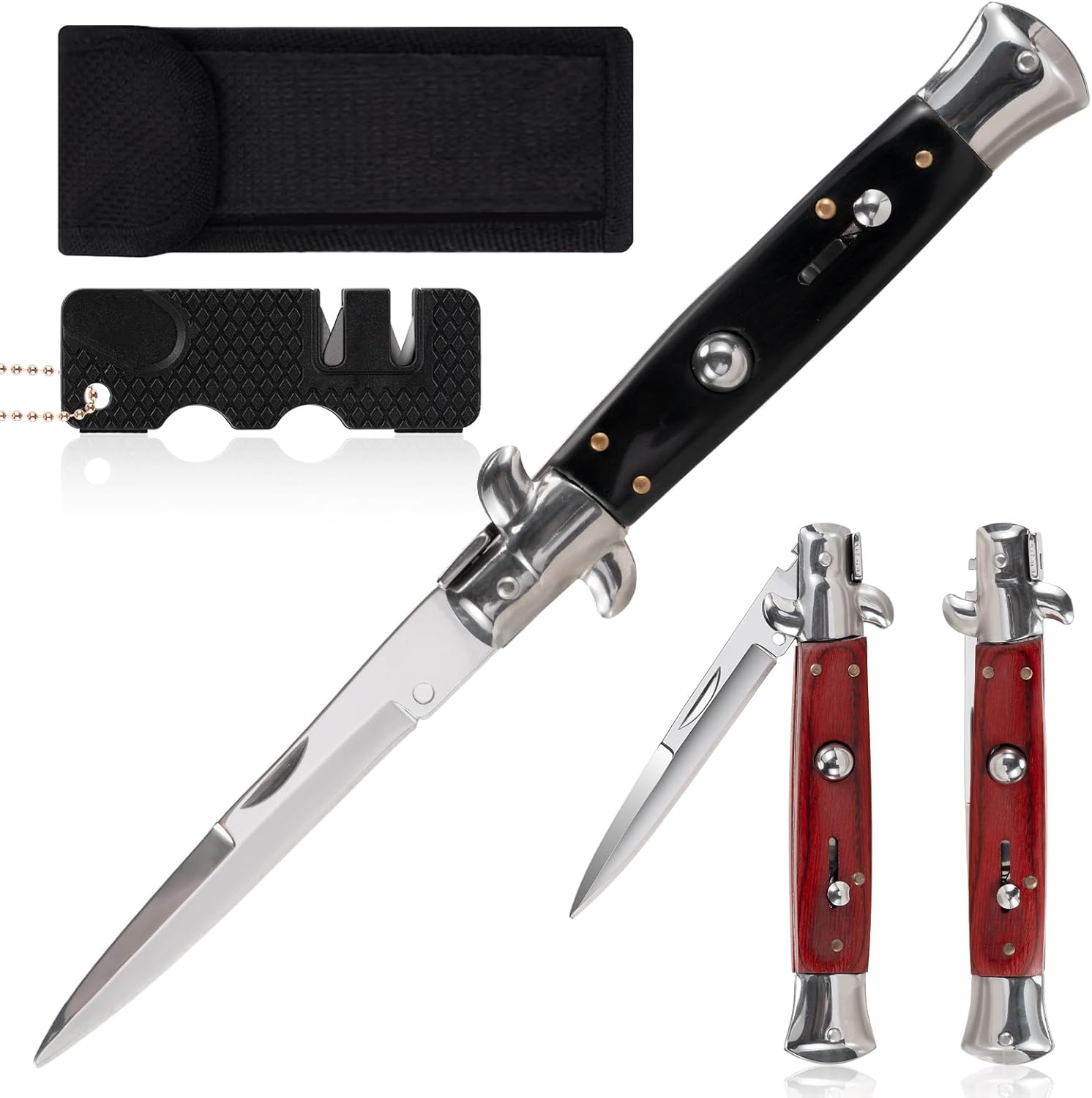 Fruit knife, outdoor pocket hunting knife, kitchen knife, suitable for camping, hunting, and kitchen use (includes sharpening tool) (Black)