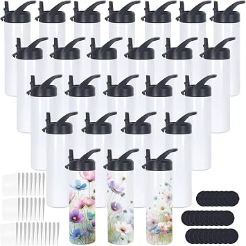20 Oz Sublimation Tumbler Bulk Skinny Straight, 25 Pack Sublimation Water Bottles Blanks with Handle Straw Lid, Insulated Stainless Steel Tumbler Cup for Heat Transfer