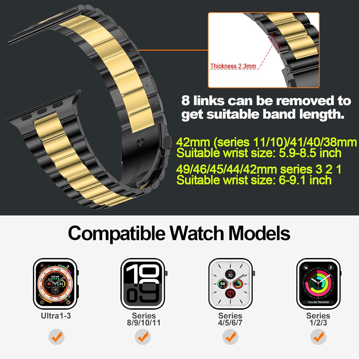 iiteeology lightweight stainless steel band designed for apple watch series 1-11, 42mm, 41mm, 40mm, 38mm, se2&se3, replacement iwatch bands for women, black/gold black/gold 42mm(series 11/series 10)/41mm/40mm/38mm