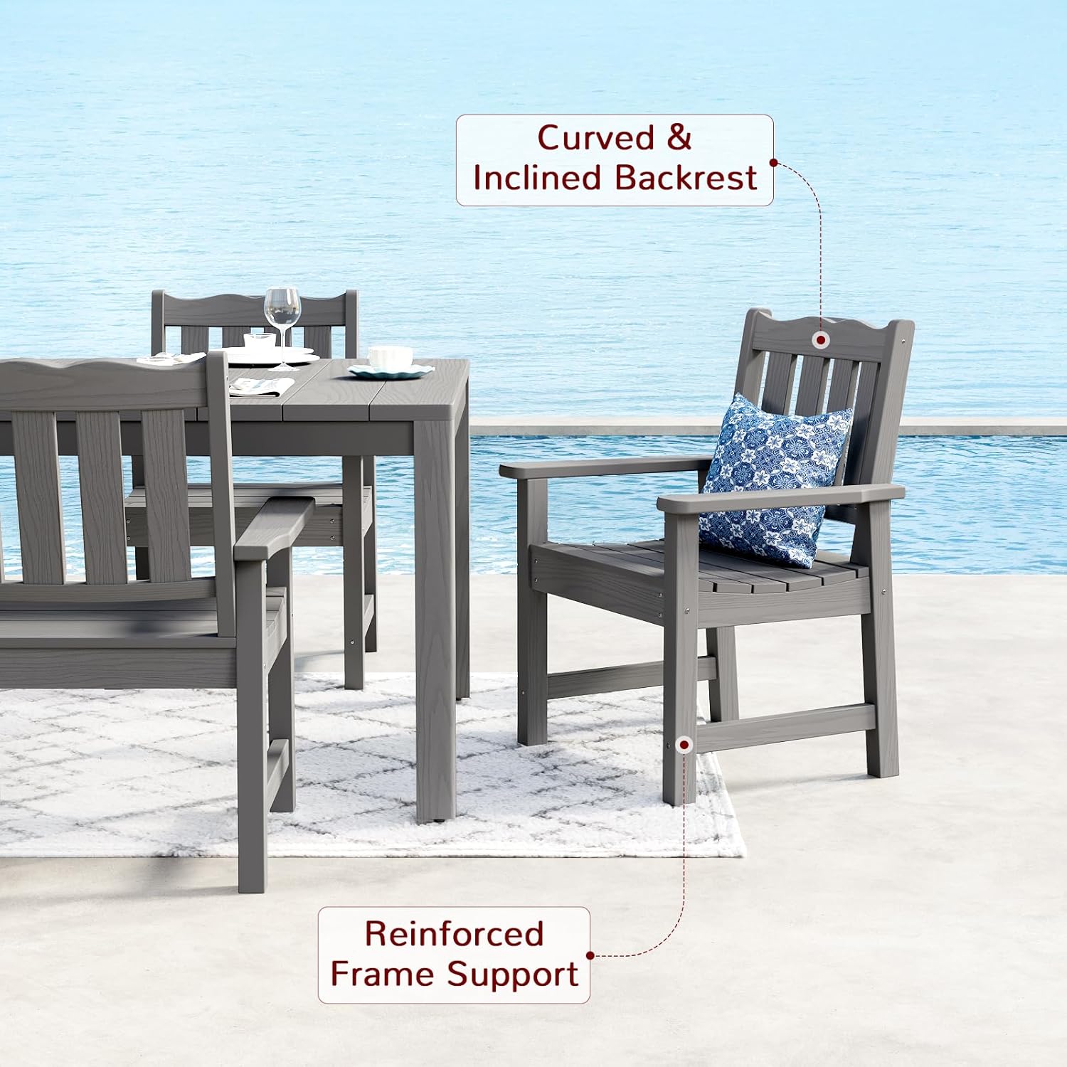 Stoog All-Weather Patio Dining Sets, 5 Pieces Outdoor HIPS Dining Table with Aluminum Frame, Patio Dining Table and 4 Chairs, Low Maintenance, Grey