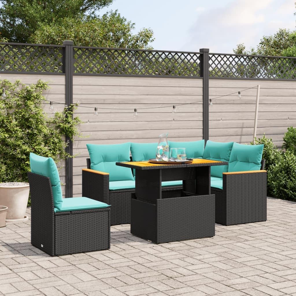 6 Piece Patio Sofa Set with Cushions Black Poly Rattan Garden Furniture Set Garden Seating Ensemble for Backyard Backyard