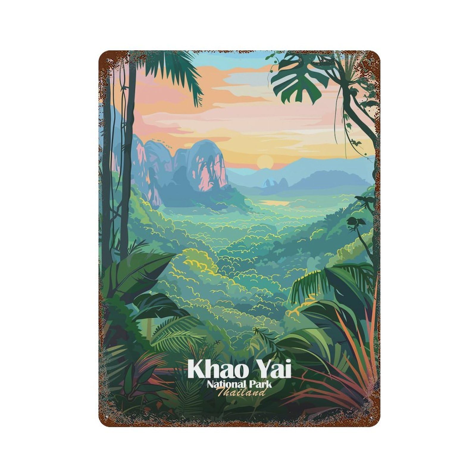 Distressed Metal Wall Sign Khao Yai National Park Thailand Illustration 15.7"x11.8", Decorative Metal Wall Art for Farmhouse, Kitchen And Entryway Decor