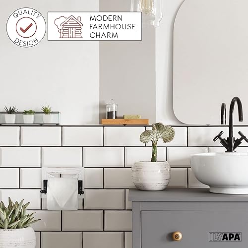 Miniatura 6 de Ilyapa Juego de soporte de papel higiénico rústico con toallero para baño, estantes de pared - Madera blanca y barra de metal negro, decoración de