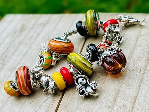 Miniatura 4 de Autumn Evening Murano Glass & Sterling Silver Charm Bead S925, Sunset Orange Brown Forest Nature Fall Leaves pendant Jewellery, fits pandora charm