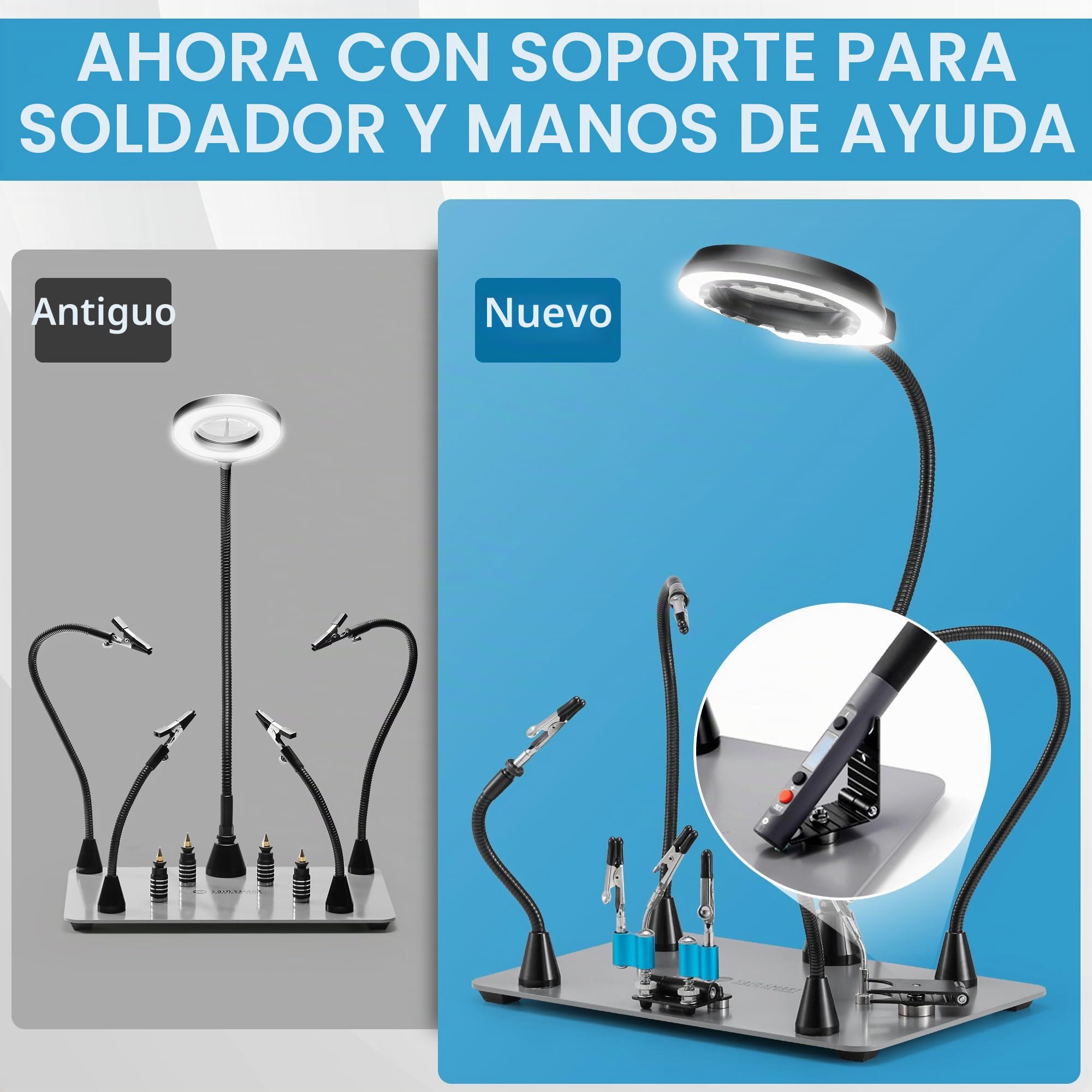 Sainsmart Soporte de ayuda para soldadura PCBH v2, SainSmart mejorada con cautín y minisoportes de clip, LED integrado con aumento de 5x, 6 brazos de cuello de cisne ajustables