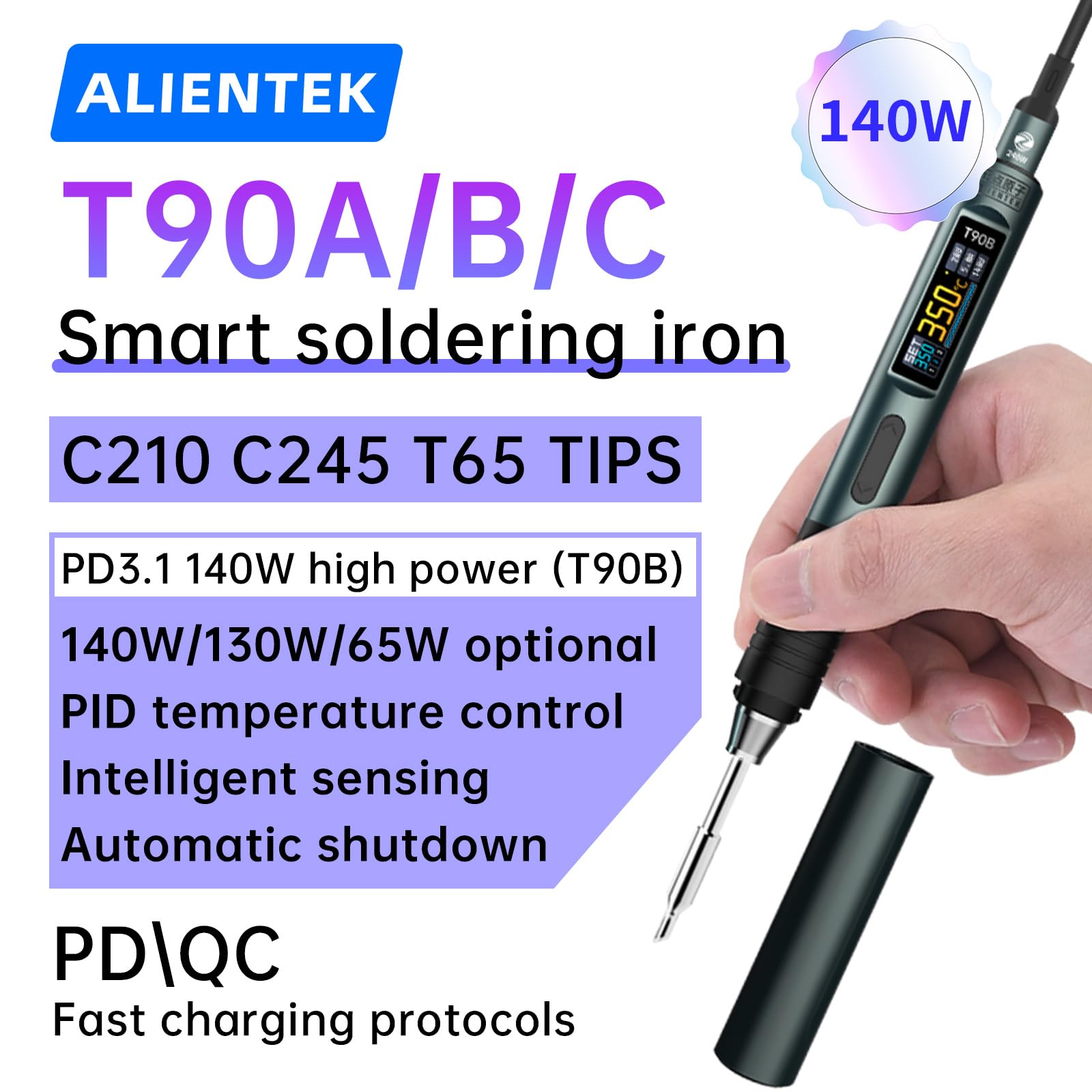 Zestaw lutownicy 140 W, T90 szybkie nagrzewanie cyfrowa lutownica regulowana temperatura PD3.1/QC, przenośny cyfrowy wyświetlacz OLED typu C, długopis lutowniczy USB C245 (zestaw lutownicy