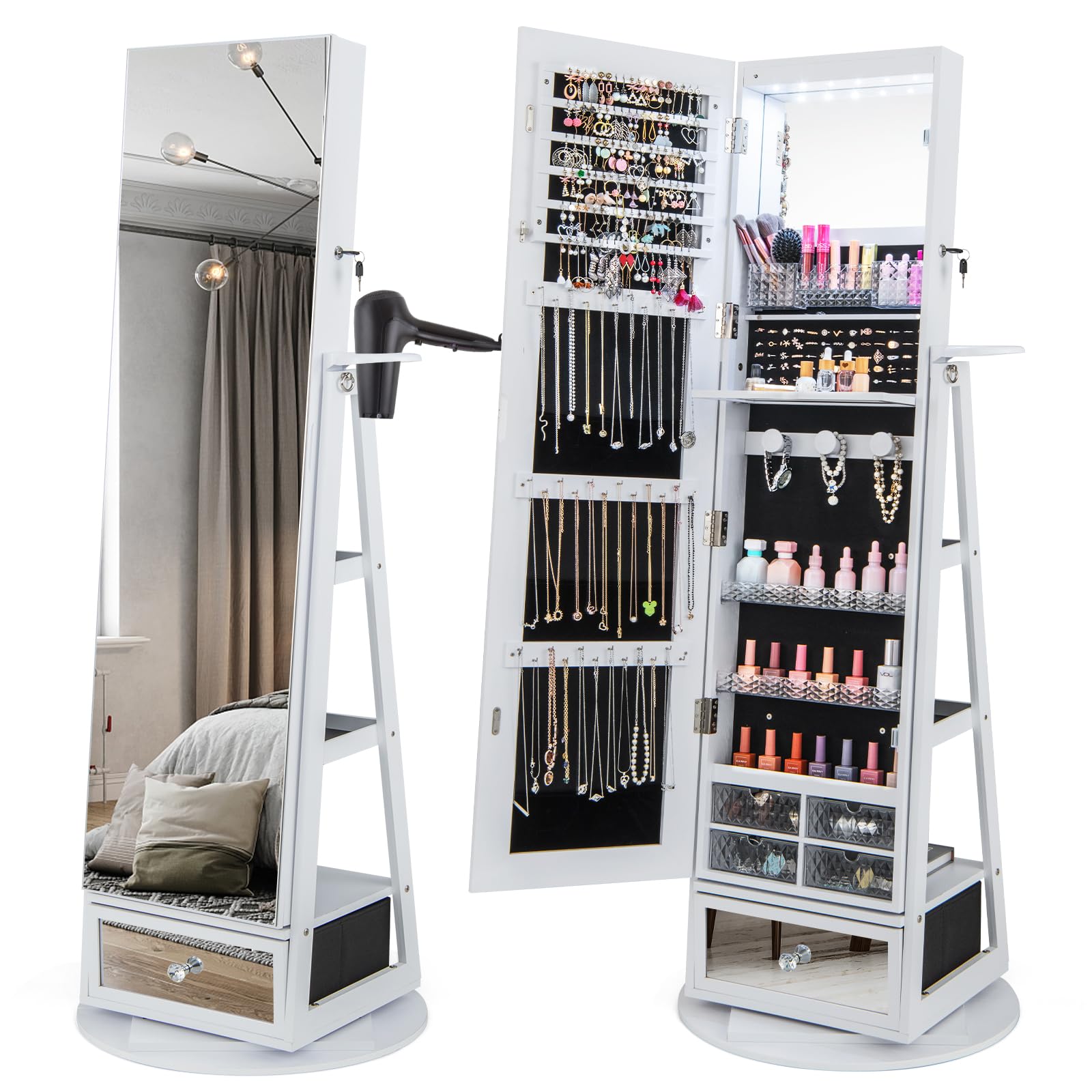 COSTWAY Armoire à Bijoux avec Miroir sur Pieds, Pivotant 360°, Lumières LED, Miroir Psyché sans Cadre, Verrouillable, Support pour Sèche-Cheveux, Étagères à l’Arrière, Grand Tiroir, Blanc