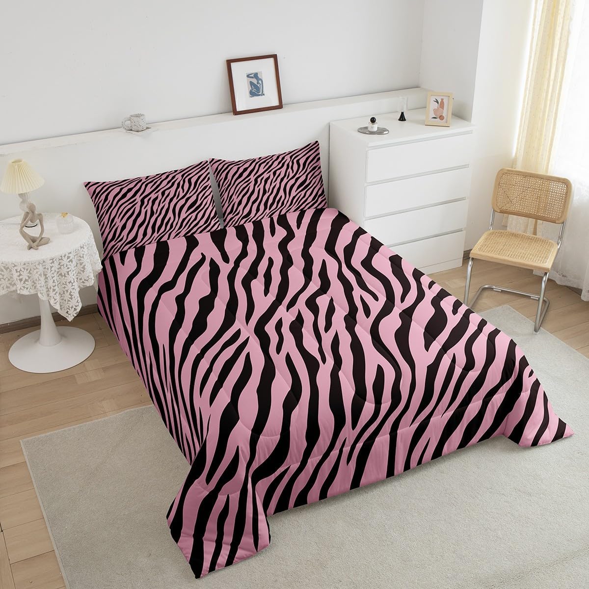 Zebra Printed Comforter Set for Teens Animals Skin Bedding Set Pink Black Stripes Bedding Home Decor for Kids Comforter Twin Size 2 Pcs Tiger Skin Quilted Duvet Set 1 Comforter with 1 Pillowcase
