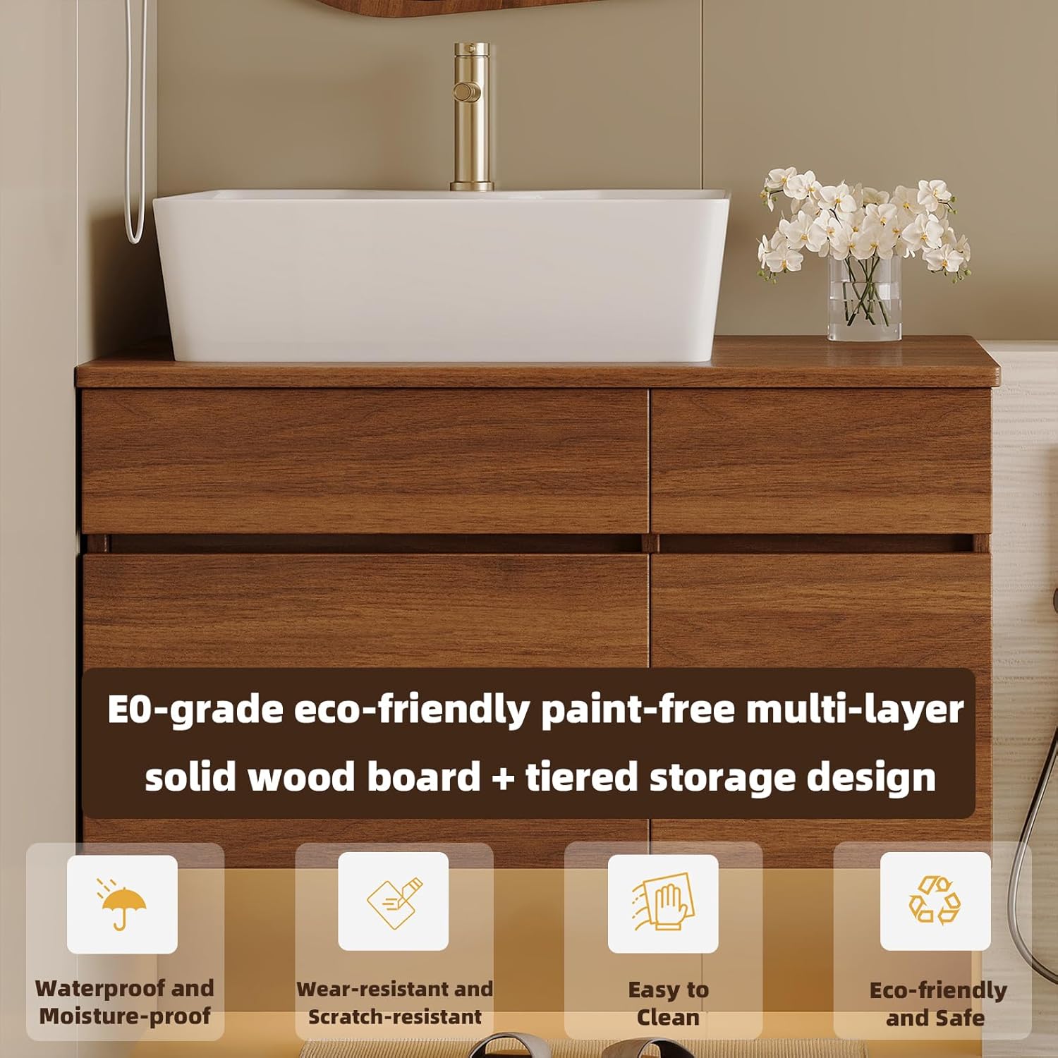 Elysionix 63 inch Floating Bathroom Vanity with Double Ceramic Sink, Bathroom Cabinet Vanity Suite with Two Countertop Sink, Brown
