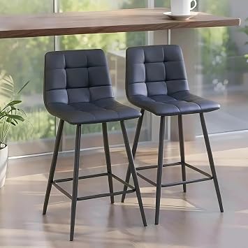 JUFU Bar Stools Set of 2, 24 Inch Counter Height Chairs with Modern Design, Durable Metal Frame, Ergonomic Seats and Black Scratch-Proof Leather, Great for Families, Fits Home Bars and Kitchen Islands