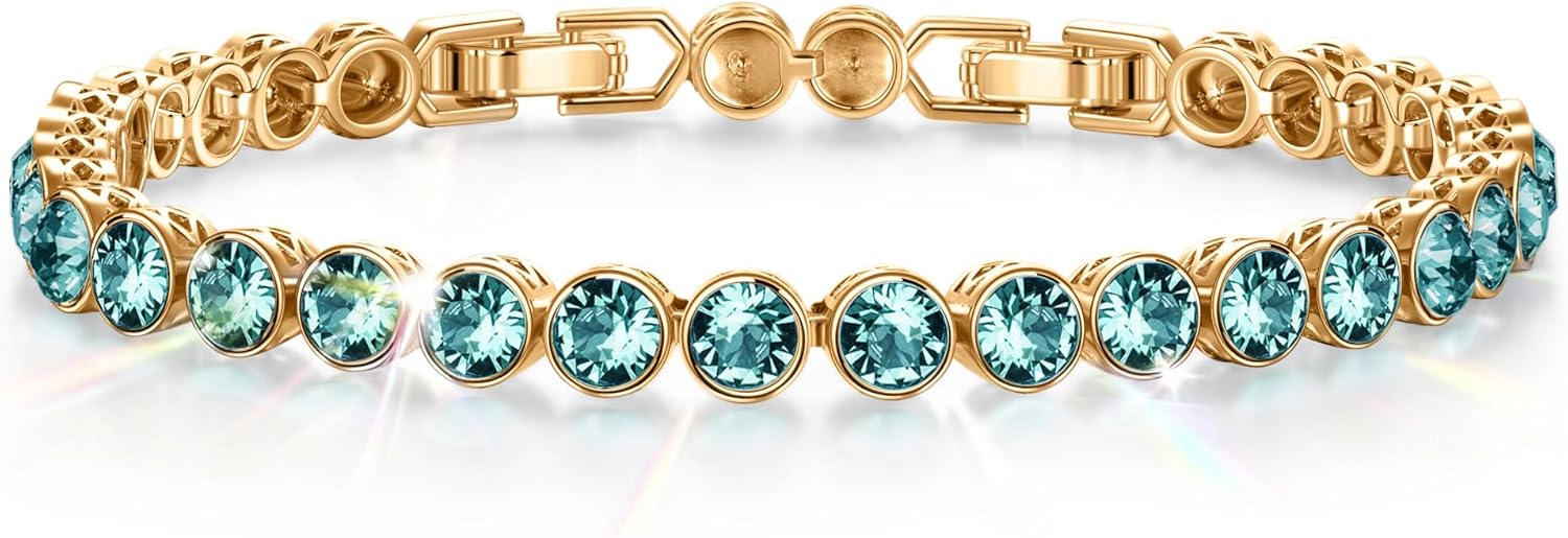 Birthstone Tennis Bracelet for Women – 14K Gold Plated Adjustable 6-7.5 Inch with Genuine Swarovski® Crystals, Hypoallergenic Handmade Jewelry Gift for Birthday, Wedding, Anniversary and Christmas